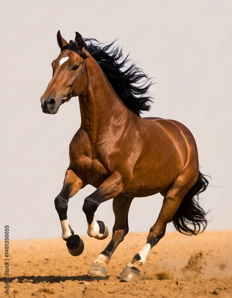 Obraz premium Dynamic Brown Horse Galloping with Flowing Mane Isolated on White Background in a Powerful Display of Strength and Speed