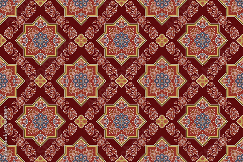 Seamless traditional Thai art floral arabesque pattern in damask style motifs suitable for wallpaper, clothing, textile, tile, curtain and fabric design isolated illustration vector archive EPS file.