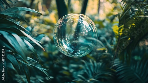 Fototapeta Naklejka Na Ścianę i Meble -  Bubble floating in a jungle serene nature dreamy orb tranquility reflection vibrant foliage lush greenery