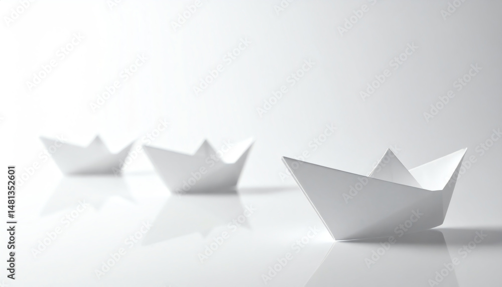 Three minimalist paper boats float on a reflective surface, exuding a sense of calm and simplicity against a soft white background Three minimalist paper boats float on a reflective surface, exuding a sense of calm and simplicity against a soft white background