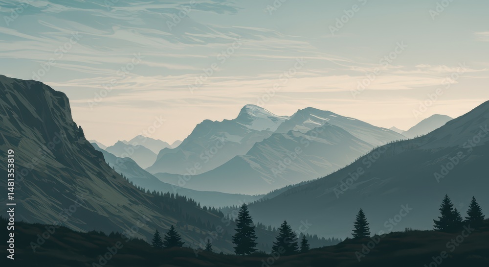 Naklejka premium Mountain Range View with Pine Trees