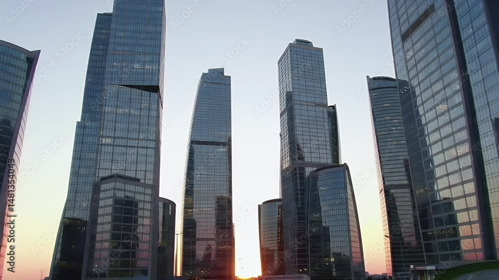 Modern Cityscape at Sunset: Towering Glass Skyscrapers Modern Cityscape at Sunset: Towering Glass Skyscrapers