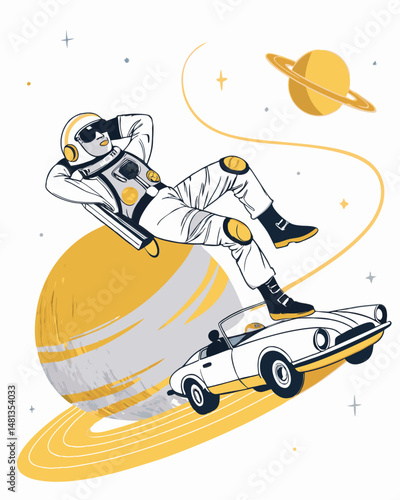 A cool astronaut, sunglasses on, casually leaning against a communications satellite in space.  Dramatic lighting, detailed spacesuit.