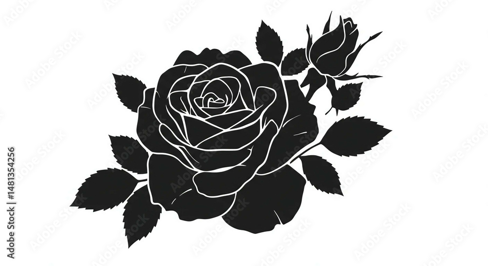 Fototapeta premium Black silhouette of rose. Illustration of black silhouette of rose with rosebud and leaves on a white background.