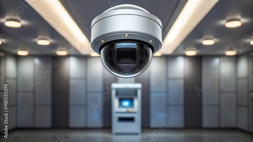 A security camera monitors an empty, well-lit room with an ATM against the far wall.
