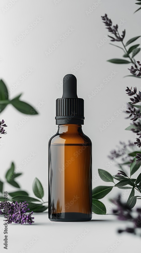 Amber glass dropper bottle surrounded by botanicals Amber glass dropper bottle surrounded by botanicals