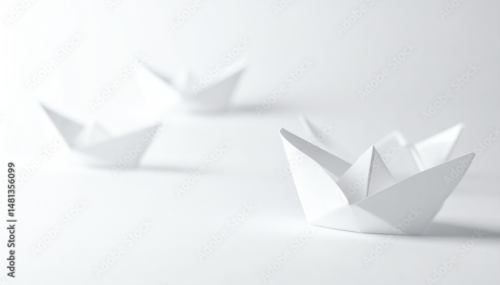 White paper boats float gently on a minimalistic background, evoking a sense of tranquility and simplicity White paper boats float gently on a minimalistic background, evoking a sense of tranquility and simplicity