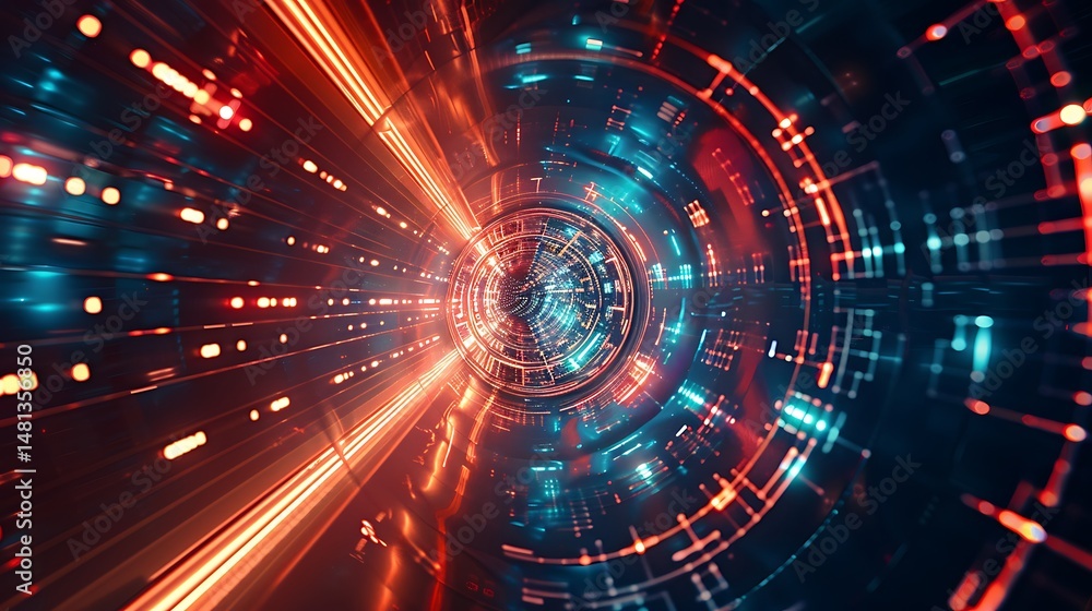 Obraz premium Abstract Digital Tunnel of Light with Blue and Orange Data Streams
