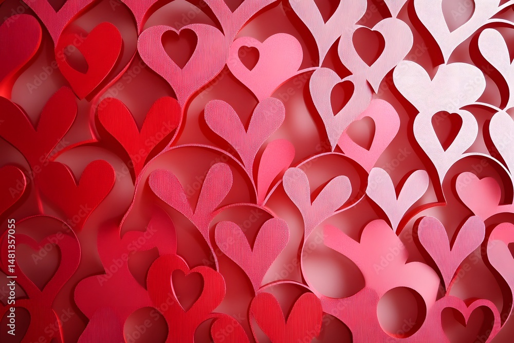 Beautiful arrangement of vibrant red and pink paper hearts creating an elegant romantic background ideal for designs. Beautiful arrangement of vibrant red and pink paper hearts creating an elegant romantic background ideal for designs.
