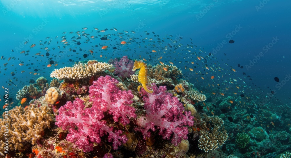 Naklejka premium Vibrant coral reef teeming with colorful fish and a seahorse