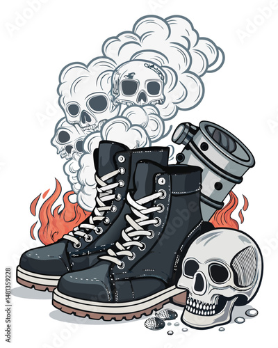 A pair of worn biker boots, aggressively crushing several human skulls, surrounded by a macabre, dimly lit scene.  The boots are central, conveying dominance.