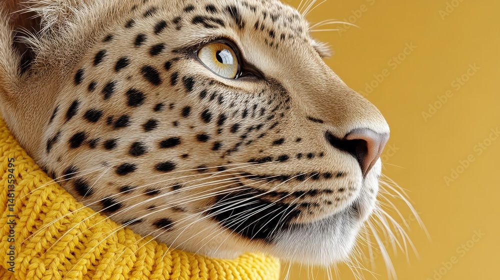 Obraz premium Stylish Leopard in Yellow Knitwear Fashionable Wildlife Portrait