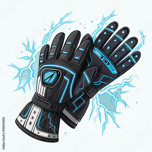 A close-up shot of stylish, futuristic gloves embedded with glowing, intricate magic circuits and sparking electrical elements.