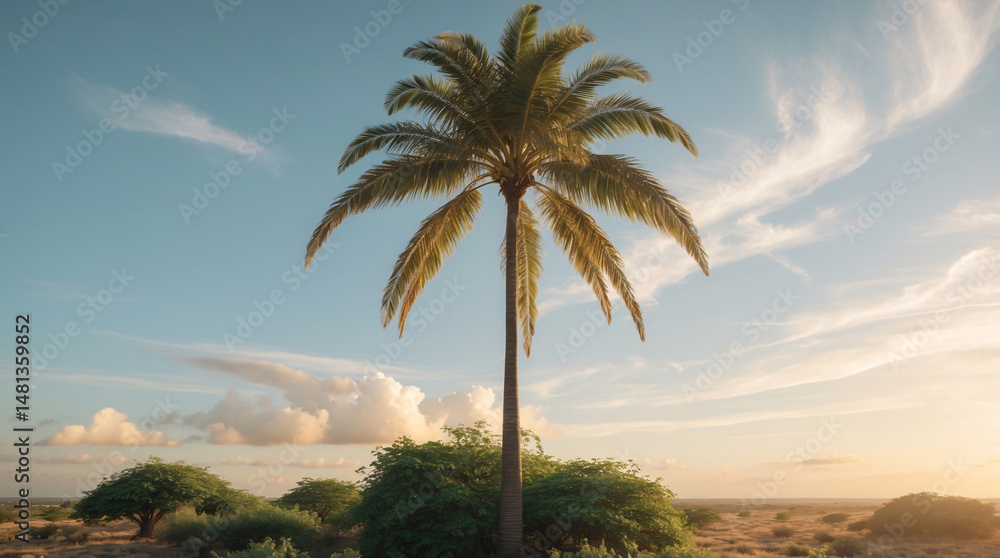 Fototapeta premium grassy tropical field with high palm tree under open blue sky peaceful outdoor photo summer warm tones plant photo for botanical wallpaper background