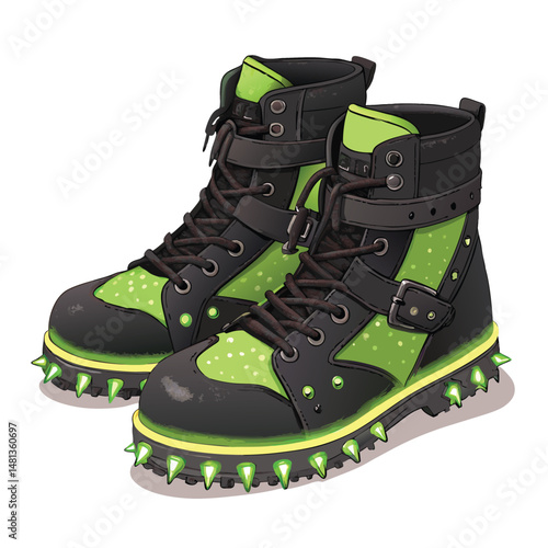 Render a pair of fantasy video game boots, studded with sharp spikes and emitting a vibrant, glowing sole.  Focus on intricate detail and high-resolution texture.