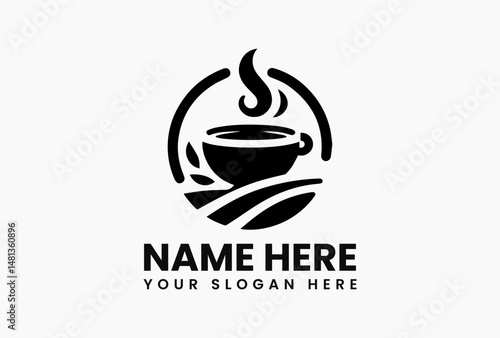 Elegant black and white vector illustration of coffee cup with steam swirls and bean leaves. Cafe logo concept  