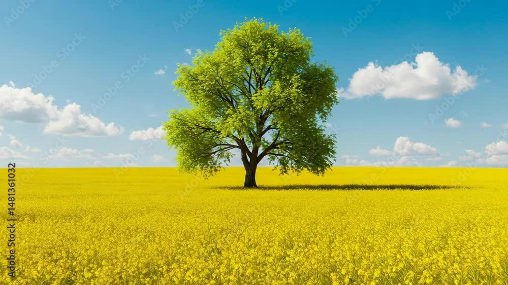 Lone tree stands in a vibrant yellow field beneath a sunny, cloudy sky. Lone tree stands in a vibrant yellow field beneath a sunny, cloudy sky.