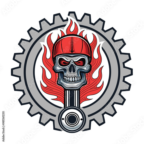 Surreal artwork depicting a skull shaped like a piston, positioned before a fiercely burning engine.  Focus on dramatic lighting and intricate detail.