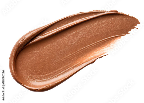 A brownish color makeup brush with a brownish color makeup on it. The brush is long and thin