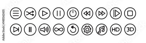 Media player icon button set Audio, volume, interface, design media player buttons. Play, pause, stop, record, forward, rewind. vector illustration isolated on white background.