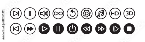 Media player icon button set Audio, volume, interface, design media player buttons. Play, pause, stop, record, forward, rewind. vector illustration isolated on white background.