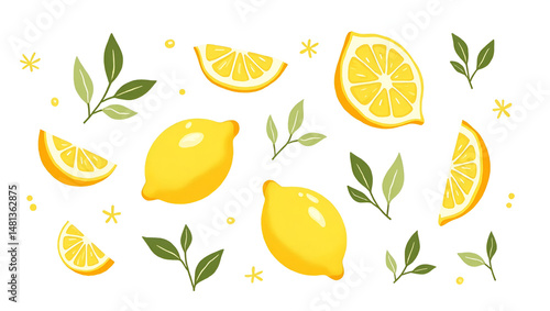 Hand-drawn vector illustration of lemon in whole, half, and sliced form with leaves, colorful doodle style on a white background — perfect for citrus-themed designs