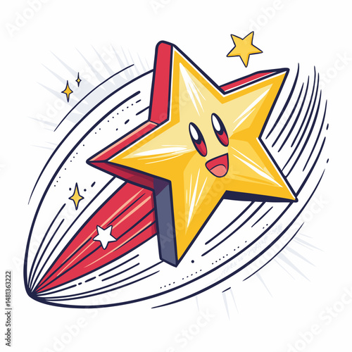 Generate a vibrant image of a spinning, yellow power-up star, leaving bright, dynamic motion trails against a dark background.  High detail, sharp focus.