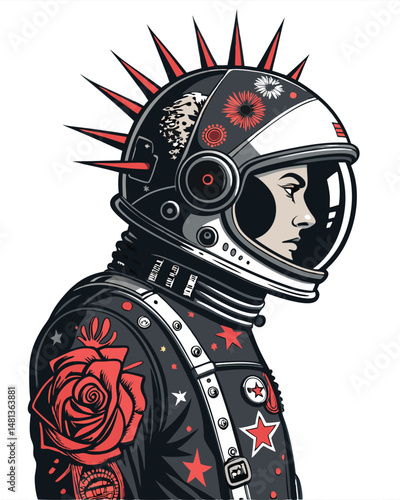A rebellious punk astronaut, sporting a spiked helmet and a ripped space-themed t-shirt, poses defiantly against a backdrop of nebulae.