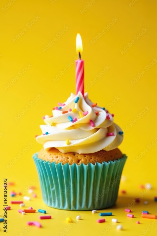 Frosted cupcake, single candle, confetti sprinkles, yellow backdrop, pastel, confetti, bakery Frosted cupcake, single candle, confetti sprinkles, yellow backdrop, pastel, confetti, bakery