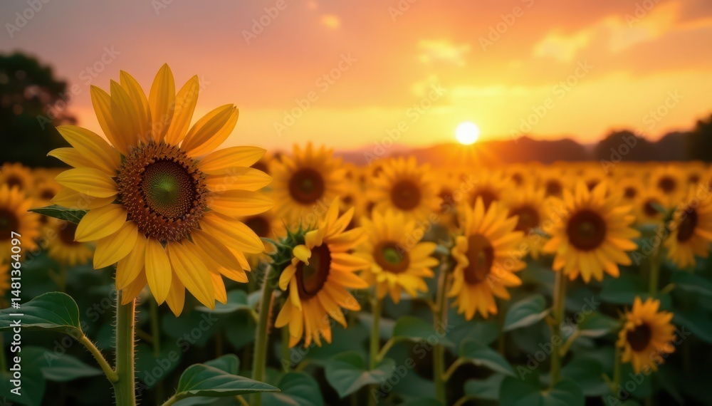 Obraz premium Golden hour light bathes tall sunflowers, vibrant sunset hues , sun rays, nature, rural