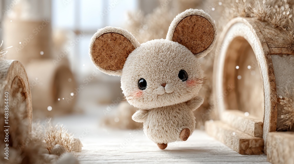 Adorable Mouse Toy Playful Rodent 3D Render Winter Scene Cute Animal Soft Fur Minima