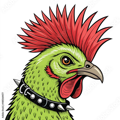 Create a vibrant illustration of a punk chicken sporting a vibrant mohawk, studded earrings, and a nose ring.  The style should be bold and cartoonish.