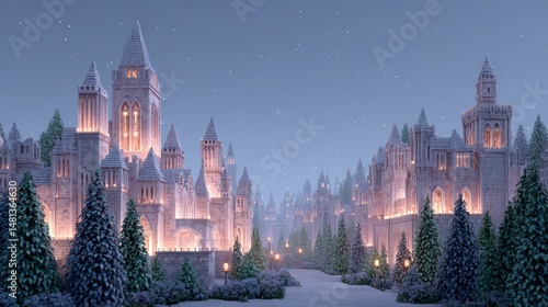 Obraz na płótnie Magical Winter Castle Town Fairytale Architecture Snowy Landscape Fantasy Scene w salonie