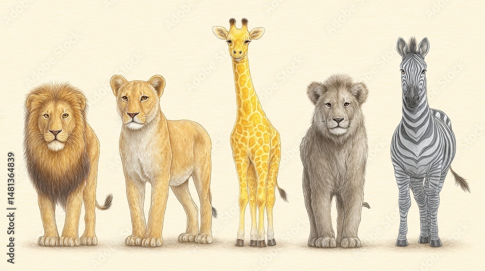 Adorable Safari Animals Lion Lioness Giraffe Cub Zebra Watercolor Illustration