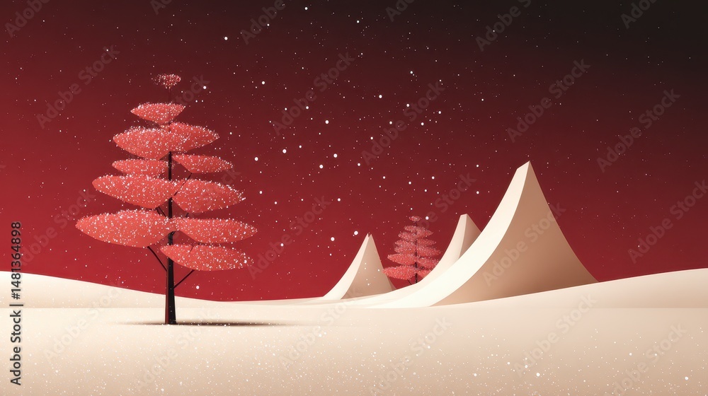 Minimalist Red Christmas Snowy Hills Winter Scene