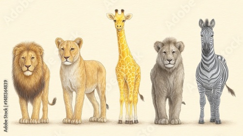 Obraz na płótnie Adorable Safari Animals Lion Lioness Giraffe Cub Zebra Watercolor Illustration w salonie