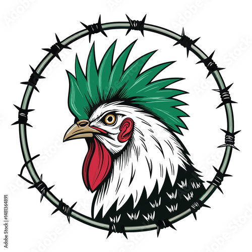 Create a digital painting of a punk rooster, sporting a vibrant mohawk, multiple piercings, and edgy clothing.  French flair.