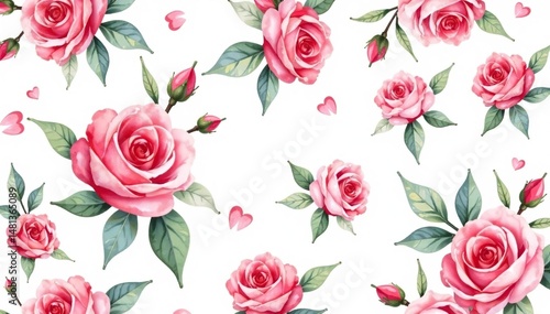 Delicate watercolor roses & buds, repeating pattern , floral art, seamless