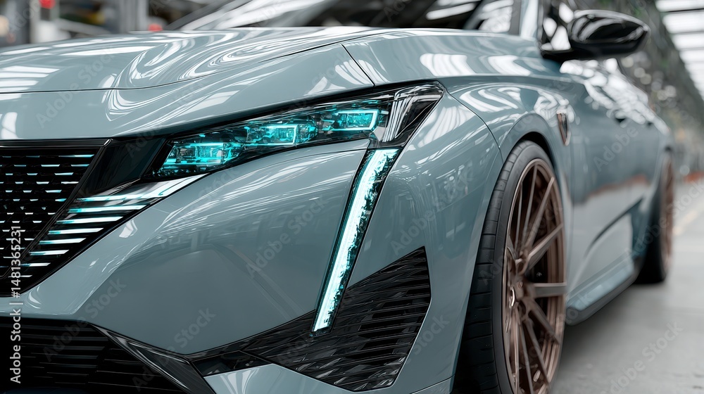 Sleek Modern Car Headlight Detail Automotive Design Luxury Vehicle Factory Setting