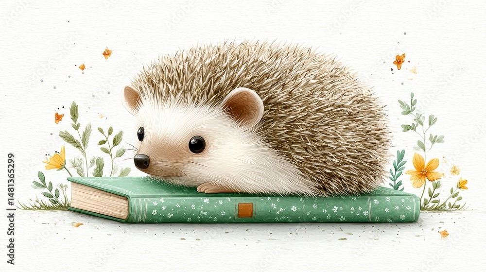 Adorable Hedgehog Reading Book Watercolor Illustration Cute Animal Nature Scene Childr