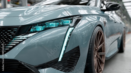 Obraz na płótnie Sleek Modern Car Headlight Detail Automotive Design Luxury Vehicle Factory Setting w salonie