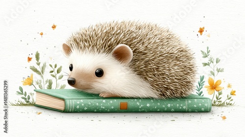 Obraz na płótnie Adorable Hedgehog Reading Book Watercolor Illustration Cute Animal Nature Scene Childr w salonie