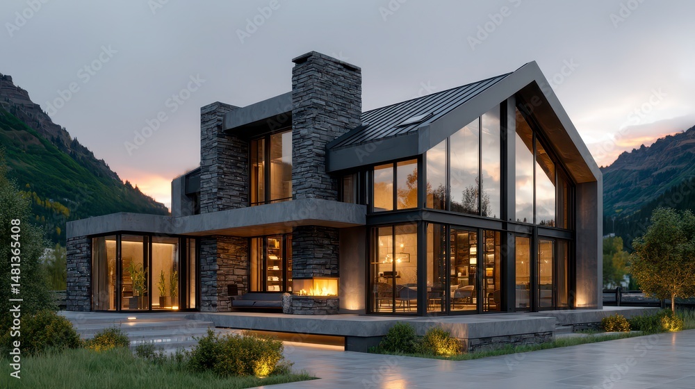 Modern Mountain Home Sunset Luxury Architecture Solar Panels Evening View