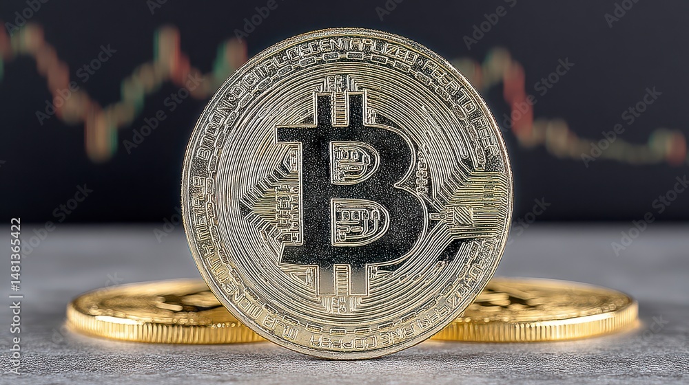 Bitcoin Cryptocurrency Gold Coin Close up Finance Digital Currency Blockchain Technolog