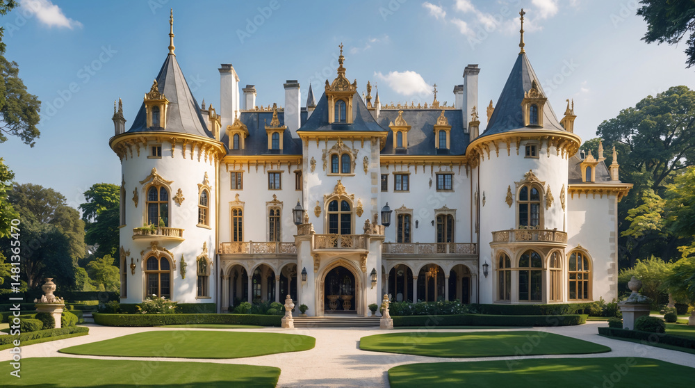 Fototapeta premium large white medieval villa castle style architecture european fantasy luxury exterior heritage estate panoramic photo old stone architecture wallpaper background