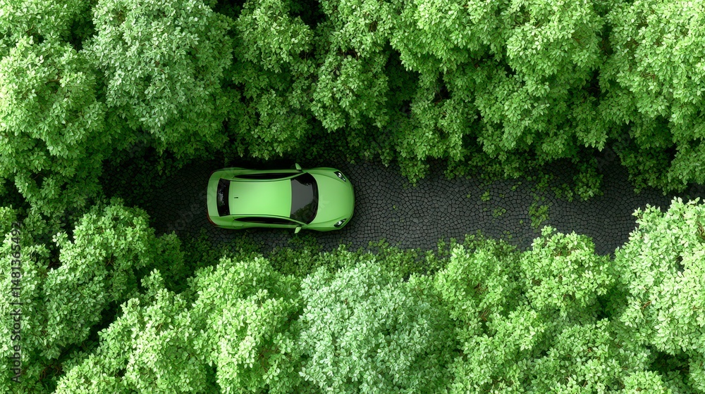 Eco Friendly Green Car Driving Through Lush Forest Aerial View