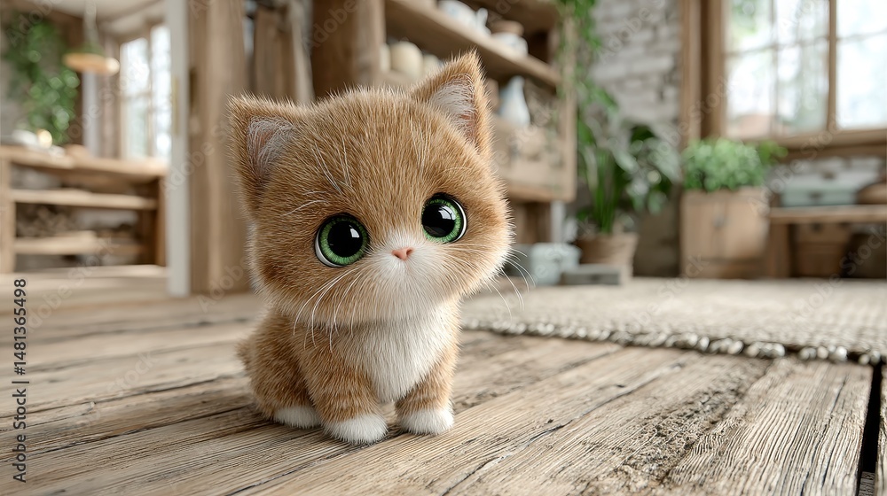Adorable Kitten Portrait Cute Fluffy Pet on Wooden Floor