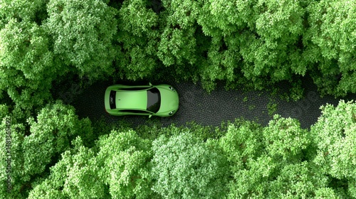 Obraz na płótnie Eco Friendly Green Car Driving Through Lush Forest Aerial View w salonie