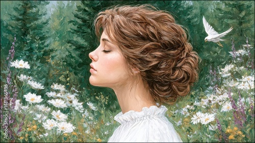 Serene Woman Praying in Wildflower Meadow  Peaceful Bird Flight  Nature Art