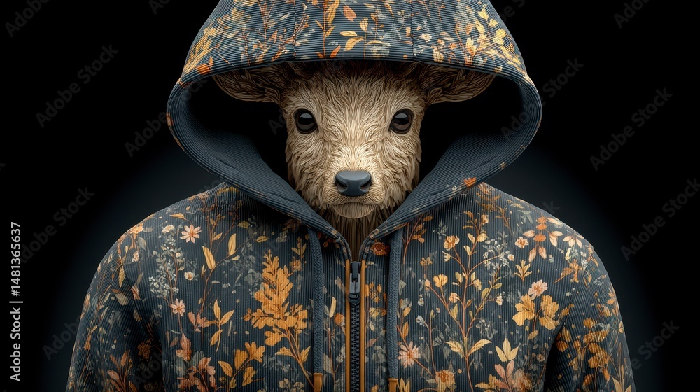 Stylish Reindeer in Floral Hoodie Autumn Fashion Wildlife Art